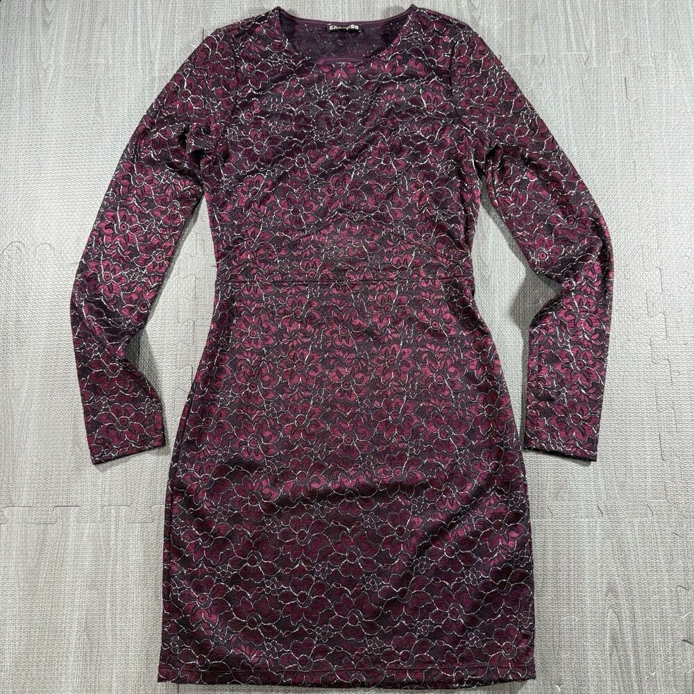 Express Long Sleeve Floral Lace Bodycon Dress Women's Size Small Plum And Silver